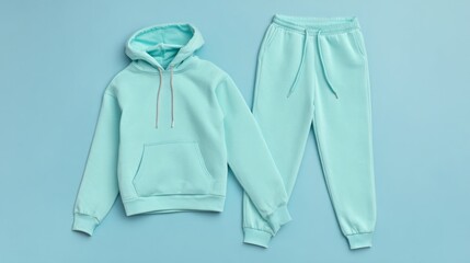 Comfortable mint green hoodie and sweatpants set displayed on a light blue background for casual fashion