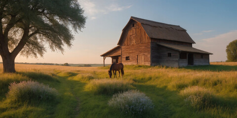 Brown horse grazing near rustic wooden barn under evening sky – Generative AI