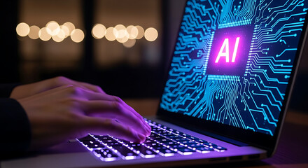 Hands typing on laptop with artificial intelligence graphic display representing advanced technology and machine learning in the modern age