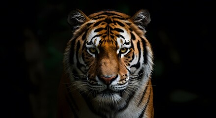 Intense Gaze: Striking Portrait of a Tiger Against Dark Backdrop