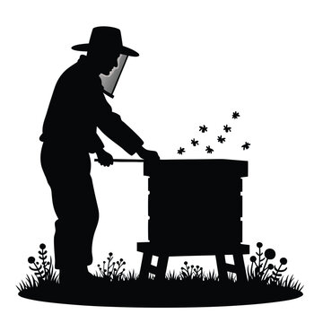 recommend clip art: Beekeeper tending to hive with flying bees and surrounding flora apiarist beekeeping