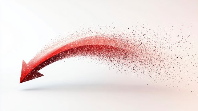 Abstract red arrow dissolving into particles, signifying decline or decrease.