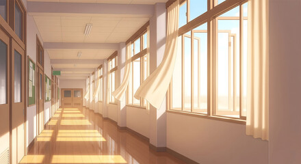 Wallpaper 4k Desktop Bright and peaceful school hallway with sunlight streaming through large windows and curtains blowing in the gentle wind