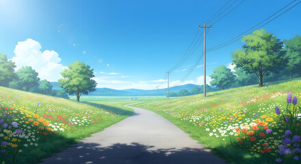 Wallpaper 4k Desktop Peaceful country road with electric poles and colorful wildflowers in bloom under a bright sunny sky and lush green trees