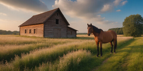 Brown horse beside rustic wooden barn in summer countryside – Generative AI