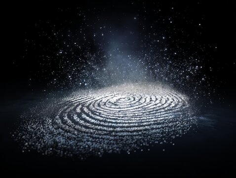 Ai generated image of a fingerprint pattern made of glowing particles and stars in a dark space