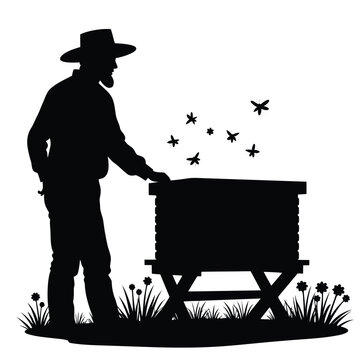 recommend clip art: Beekeeper tending to hive with flying bees and wildflowers beard silhouette