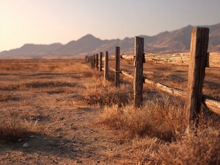 Ai generated image of a weathered wooden fence stretches across a dry, grassy landscape towards mountains