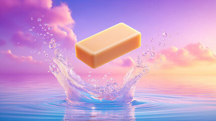 A single bar of natural, light-colored soap is captured in mid-air, having just emerged from a tranquil body of water,  pastel sky, blending purple, pink, and orange,  purity and calm.