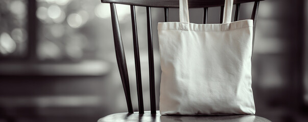 Simple white tote bag resting on a black wooden chair in a well-lit room with soft background details