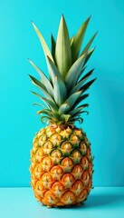 Fototapeta premium Single ripe pineapple against a bright blue backdrop , healthy, stock photo