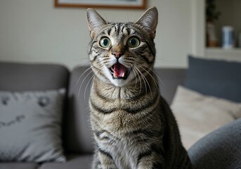 Shocked funny cat with wide eyes and surprised expression indoors