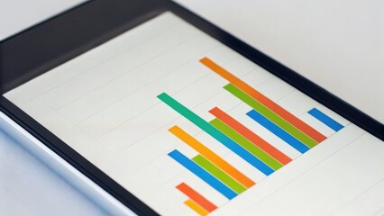 A smartphone displaying colorful bar graphs and data charts on a white background.