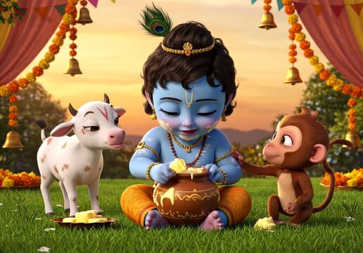 Krishna for Children in Cartoon Style eating Butter | Janmashtami Festival