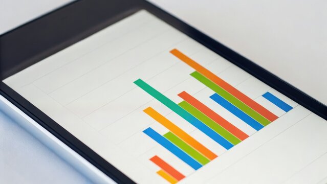 A smartphone displaying colorful bar graphs and data charts on a white background.