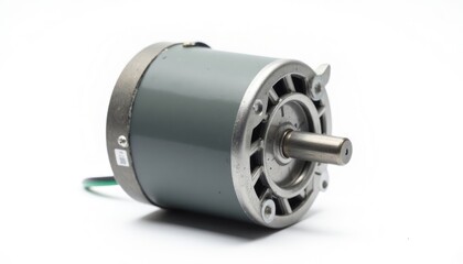 Compact Grey Electric Motor with Vented Aluminum End Bell and Drive Shaft Isolated on White