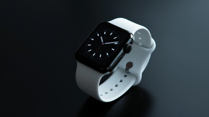 Modern smartwatch with white band against dark background