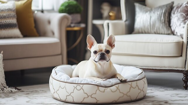 Chic pet room for a small dog with a designer dog bed stylish pet accessories and a cozy nook for naps The room features a blend of elegant furniture and modern decor for a sophisticated atmosphere