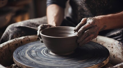 Potter's fingers guide wet clay on the wheel, slowly transforming it into a functional ceramic form.