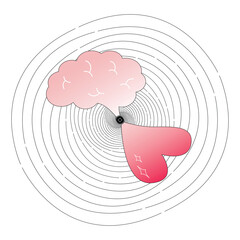 Minimalist illustration of a brain and heart aligned at the center of radiating lines, symbolizing emotional alignment, focused energy, and the power of manifestation.