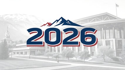 Illustration of the year 2026 is represented with mountains and a university building