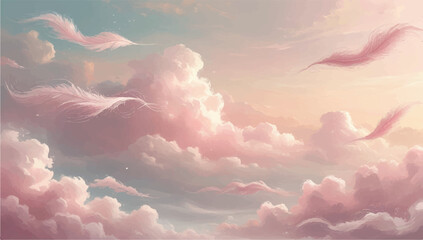 A beautiful fantasy sky with soft pink clouds and floating feathers. Serene, dreamy, and gentle illustration of a sunset, perfect for a peaceful background.  © HUMAYUN