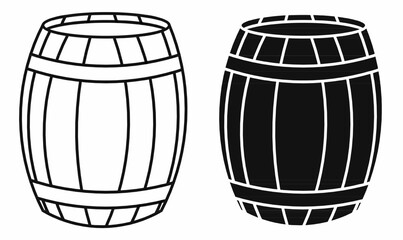 Black and white vector of wooden barrels in outline and silhouette,filled styles. Traditional storage cask icon, perfect for alcohol, vintage, winery, or brewing themed designs.