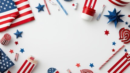 Obraz premium Patriotic flat lay showcases United States flag, stars, and festive decorations arranged creatively around a blank white space perfect for holiday greetings.