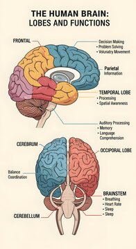 Educational Diagram of Human Brain with Labeled Lobes and Functions