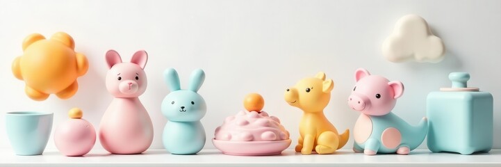 Pastel-colored baby essentials neatly arranged in a pop-up setting against a clean white backdrop , products, essentials