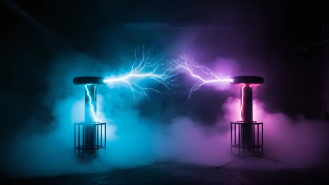 Dynamic Tesla Coils: Electric Arcs Blue  Purple Energy Display in Dark Room.