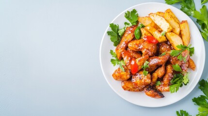 Delicious honey glazed chicken wings and crispy roasted potatoes, garnished with fresh parsley, served on a white plate against a light blue background providing ample space.