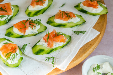 Cucumber and smoked salmon bites with sour cream and dill