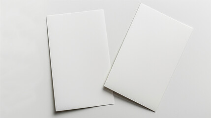 Two blank white paper cards leaning against each other on a white background