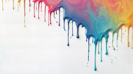 Colorful multicolor liquid or paint dripping down a white wall