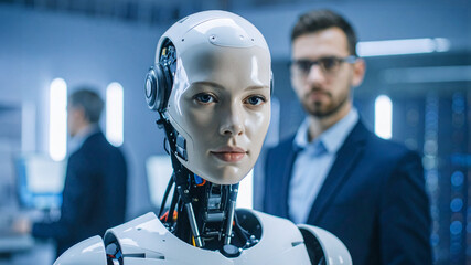 An AI robot facing the camera, two human looking at robot. The robot's intricate design and the background elements suggest a technological setting