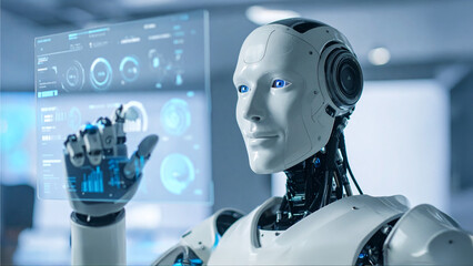Futuristic robot interacting with a holographic display, showcasing advanced technology and innovation. The robot appears to be analyzing data and processing information.