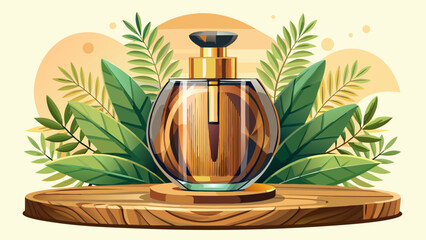 very Beautiful  close up A sleek perfume bottle sits on a wooden surface, complemented by delicate greenery, against a softly white background.