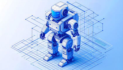 A detailed illustration of a futuristic robot. It is standing in a well-defined pose. The robot has an advanced, complex design and the background features an intricate network of lines and shapes.