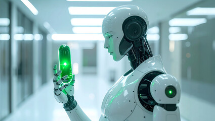 A futuristic robot examines a green glowing object, set in a sleek, modern environment. The robot has a bright, polished exterior and a focus on technology and design.