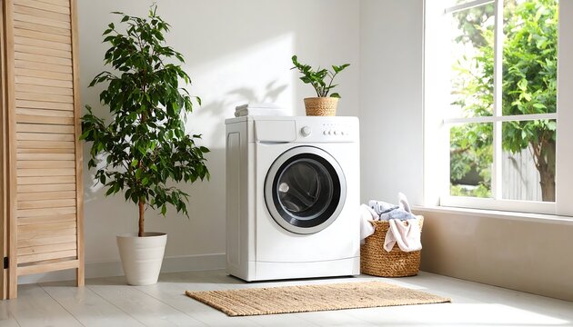 Bright laundry room with a white washing machine, plants, and a jute rug