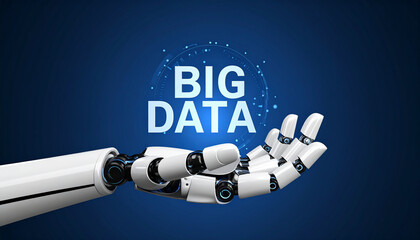 A robotic hand holds Big Data, representing innovation and technological advancement. It evokes the digital age, emphasizing technology