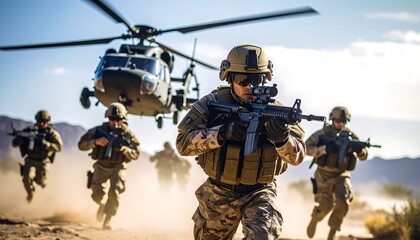 Soldiers sprint towards a descending helicopter in a desert environment