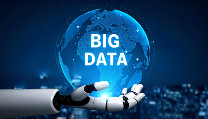 A futuristic hand holding the globe with BIG DATA written on it, representing digital information and technology