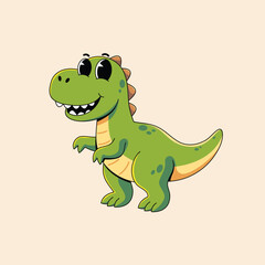 A cheerful green dinosaur cartoon character standing and smiling. This happy prehistoric T-rex mascot is a cute vector illustration.