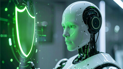 An artificial intelligent robot is securing information and data. The robot stands and touches the cyber security shield