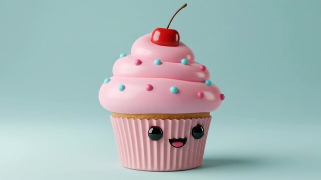 A cheerful pink cupcake with a cherry on top, adorned with pastel sprinkles and cartoon eyes, sits against a light teal background