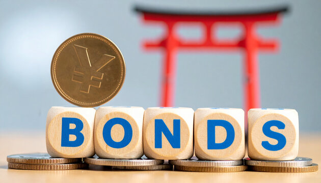 Financial concept with a yen coin on top of wooden blocks spelling BONDS, near Japanese Torii gate