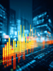 Gr&aacute;fico financiero digital con barras sobre fondo urbano desenfocado