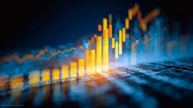 Gr&aacute;fico financiero digital con barras de crecimiento en entorno tecnol&oacute;gico